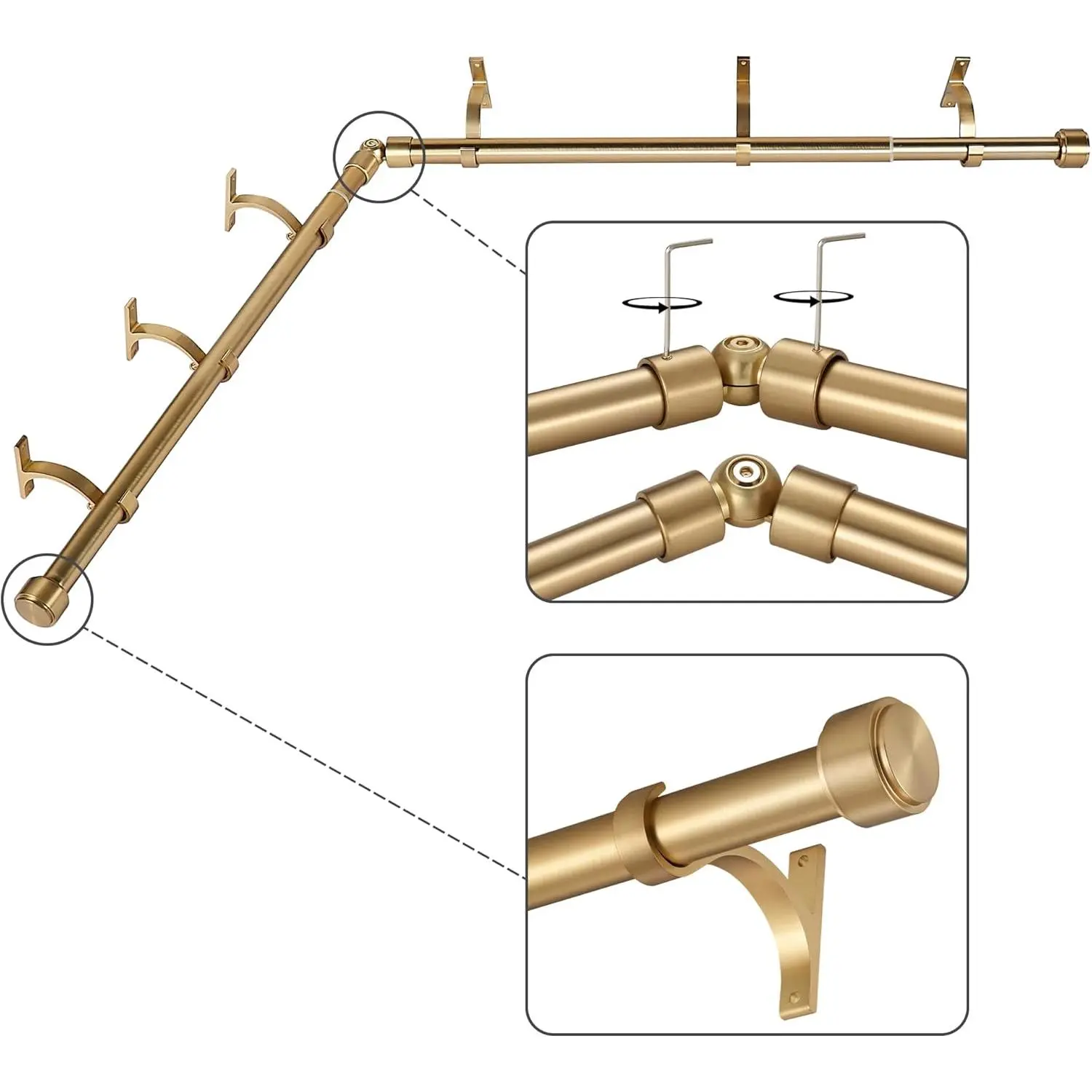 Warm Gold Curved Corner Window Curtain Rods - 1in Diameter, 36-72in Adjustable, 2-Sided, Aluminum End Cap Finials & Brackets, Wall Mount, Compatible with Bra Accessories & Bay Windows, Corner Shape