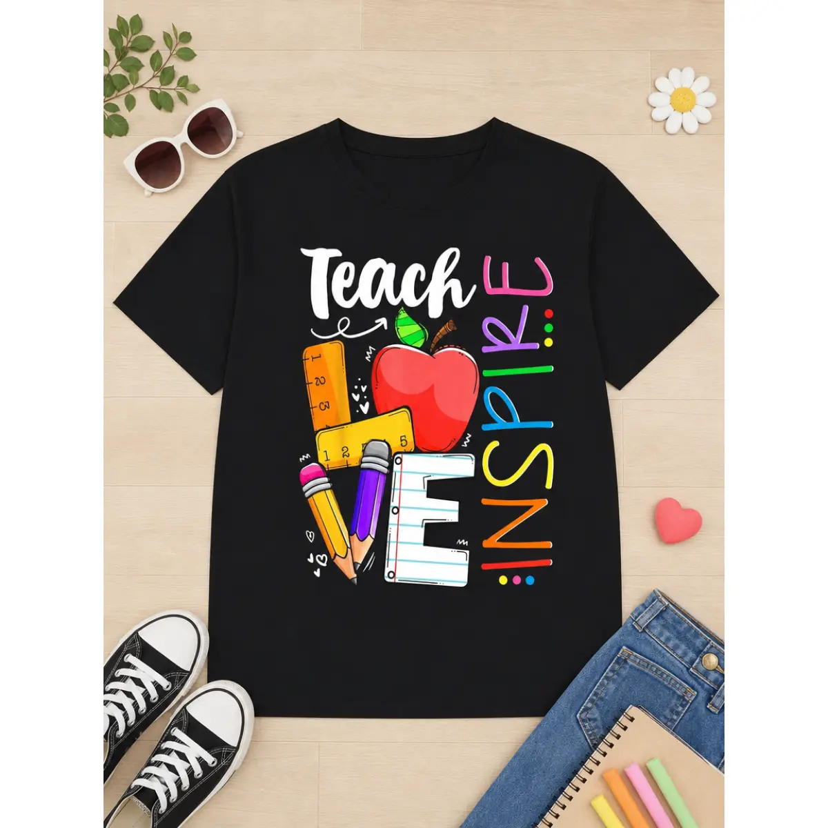 100% Cotton Cute Teach Love And Inspire Men Women Teacher T-Shirt