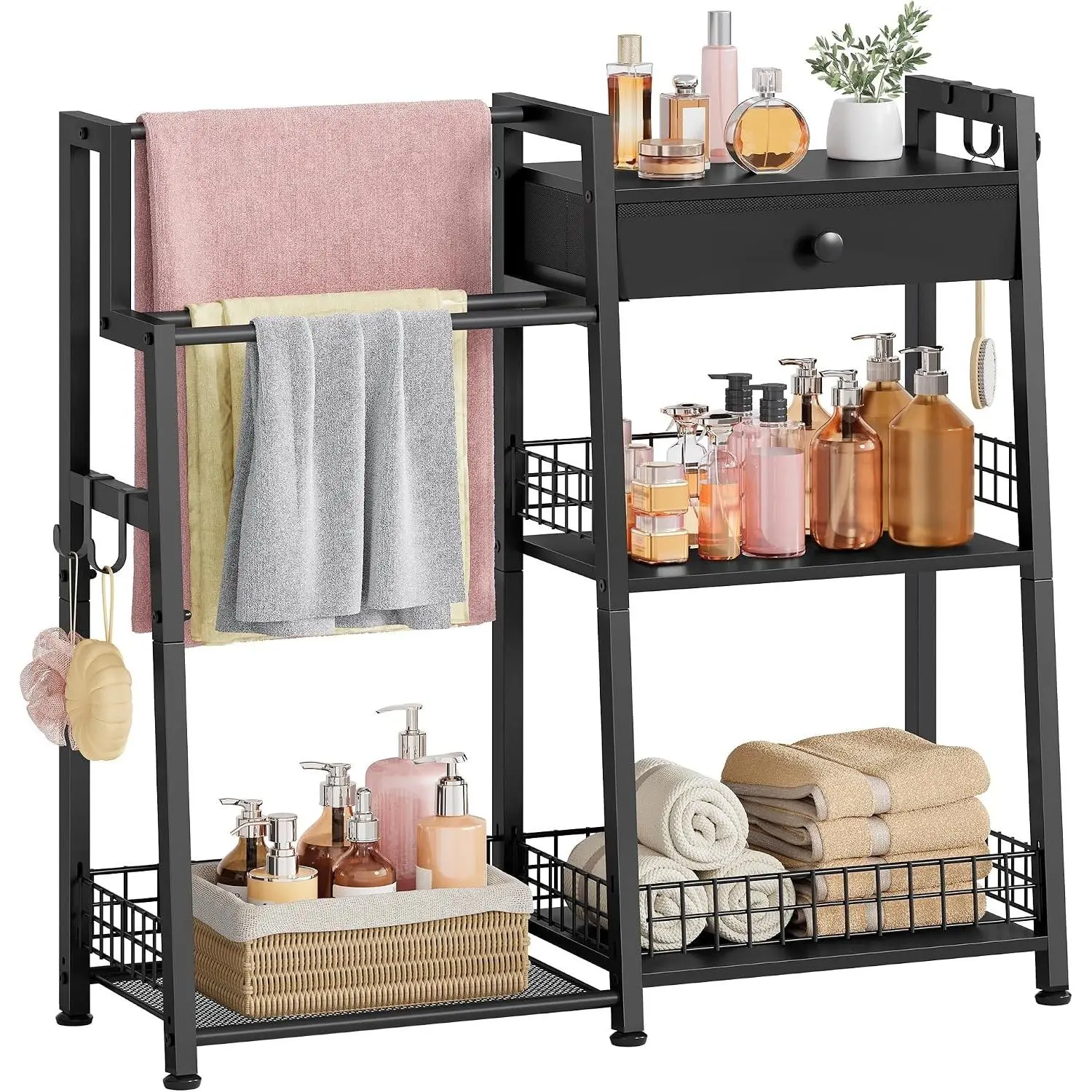 2-in-1 Bathroom Ladder Shelf with Towel Rack&Storage Drawer, Black | 3-Tier Bathroom Organizers and Storage with Hooks, Bathroom Towel Storage, Towel Shelf for Laundry Room, Living Room, Balcony
