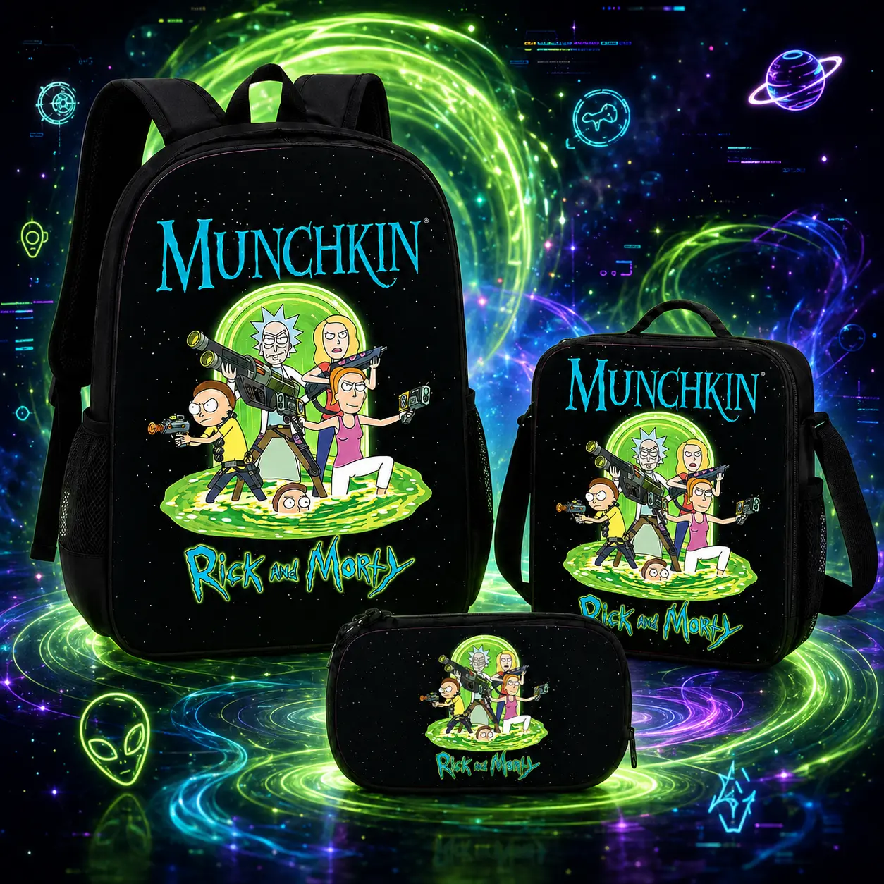 Rick and Morty 3-Piece Backpack Set, School Bookbag with Lunch Bag & Pencil Case, Large Capacity Adjustable Straps, Back to School Gift for Teens
