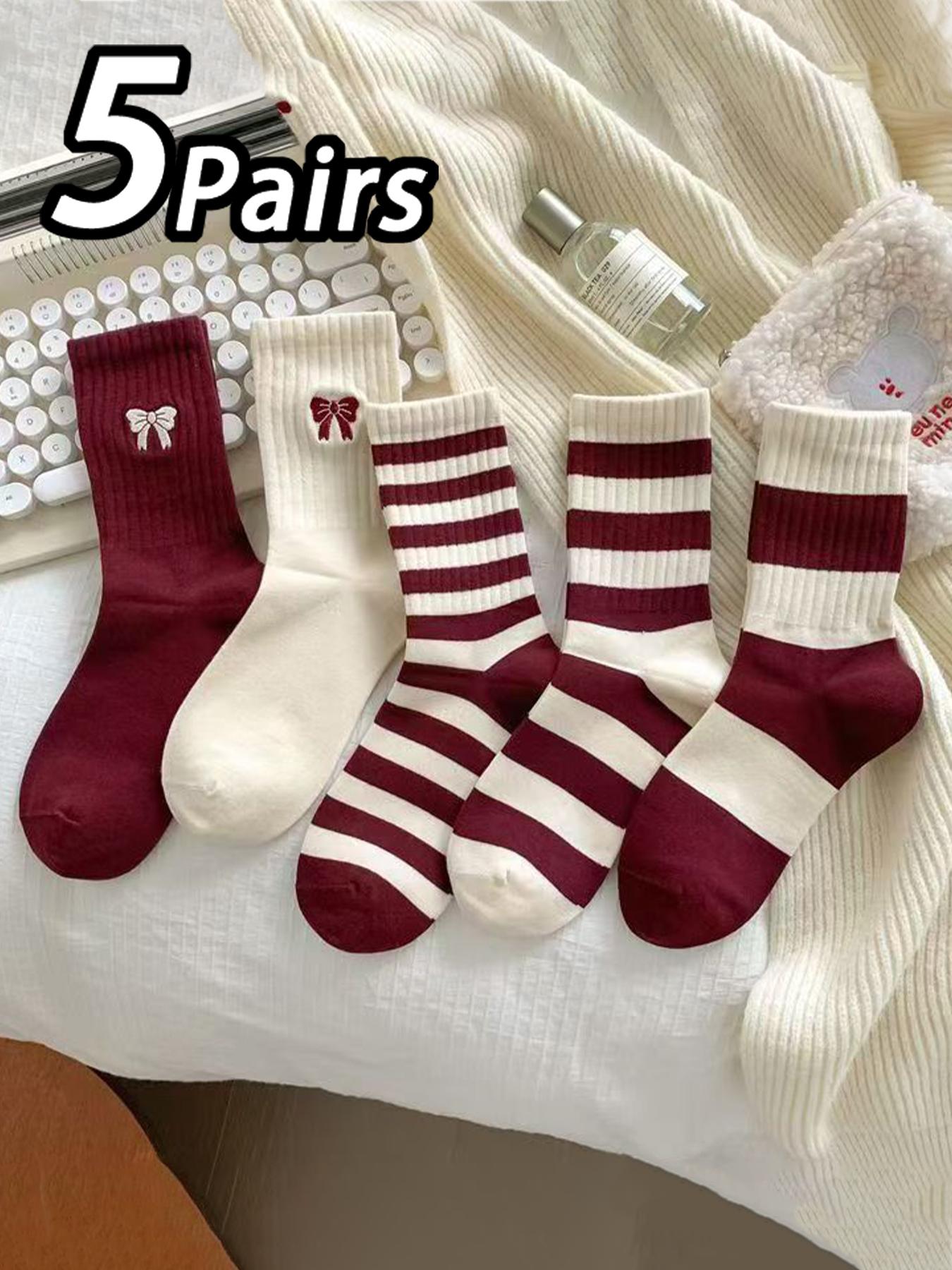 Women's 5 Pairs Colorblock Stripped & Star Print Crew Socks, Sock Set, Casual Moisture Wicking Socks, Soft Comfy Breathable Socks for All Seasons Daily Wear