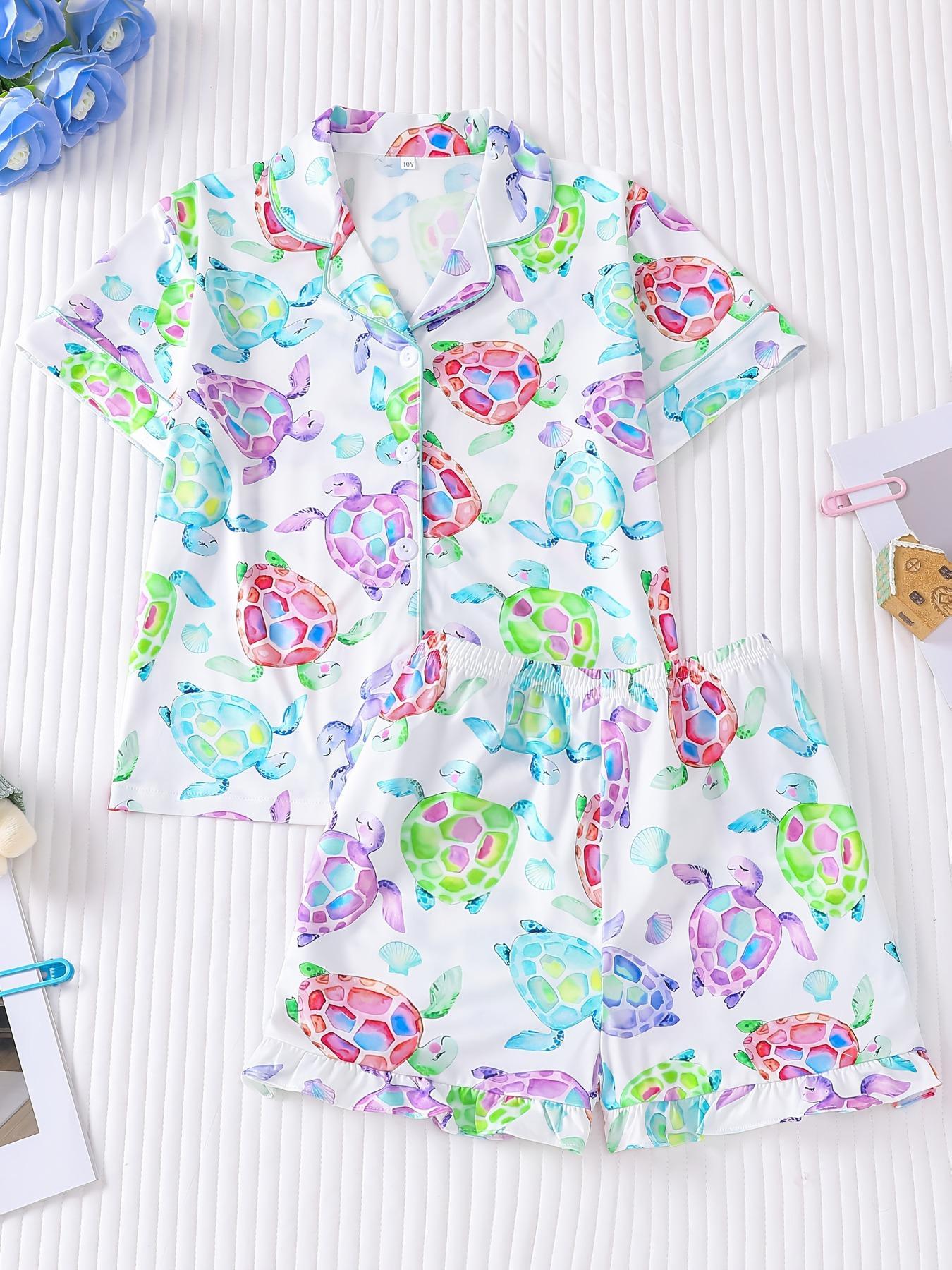 Kids Cartoon Star Turtle Print Pajama Two-piece Set, Cute Comfy Short Sleeve Lapel Neck Pj Set, Kids Sleepwear for All Seasons, Sleepwear Pajamas