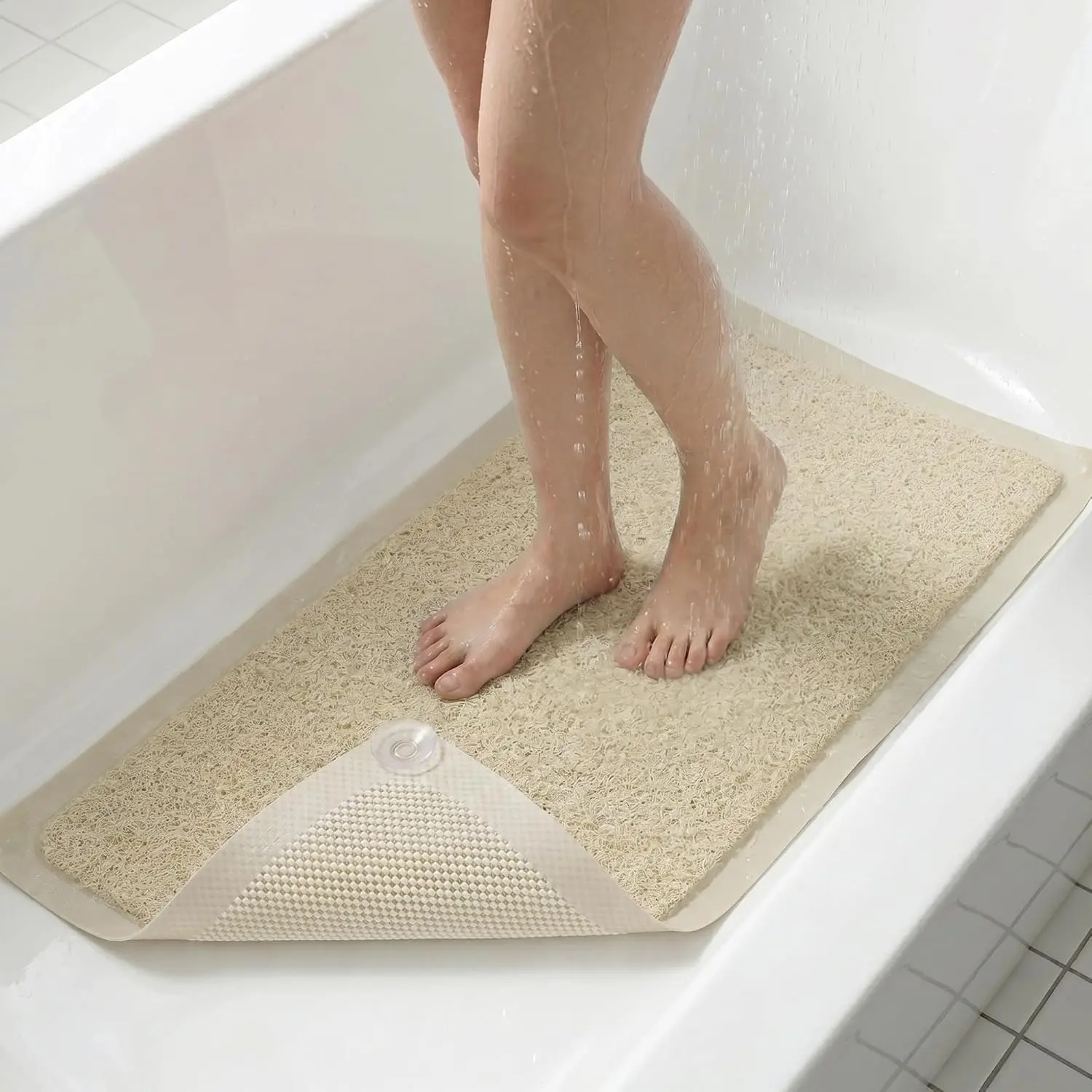 Anti-Slip Shower Bathtub Mat with Suction Cups - Cushioned, Grip, Easy Clean, Drainage Hole, Quick Dry, Scrubber Loofah Design, Beige, 17x32in (Anti-Slip Tread Bath Mat for Bathroom Floors), Anti-Slip Tread Bath Mats, Cushioned Bath Mats