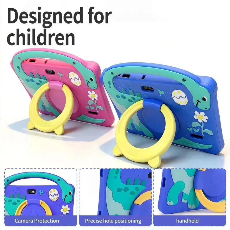 New 7-inch kids' tablet with Android 13, 1GB RAM and 16GB ROM, WiFi support, comes with a shockproof silicone case and cute dinosaur design. Parents can control the educational apps. Dual cameras, perfect Children's Day gift for kids.