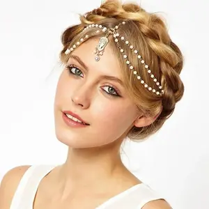 Women's Indian Boho Imitation Pearl Head Chain Bridal Headpiece - Plain, Unisex Wear, Wedding Event Fashion Hair Jewelry Accessory 2A001