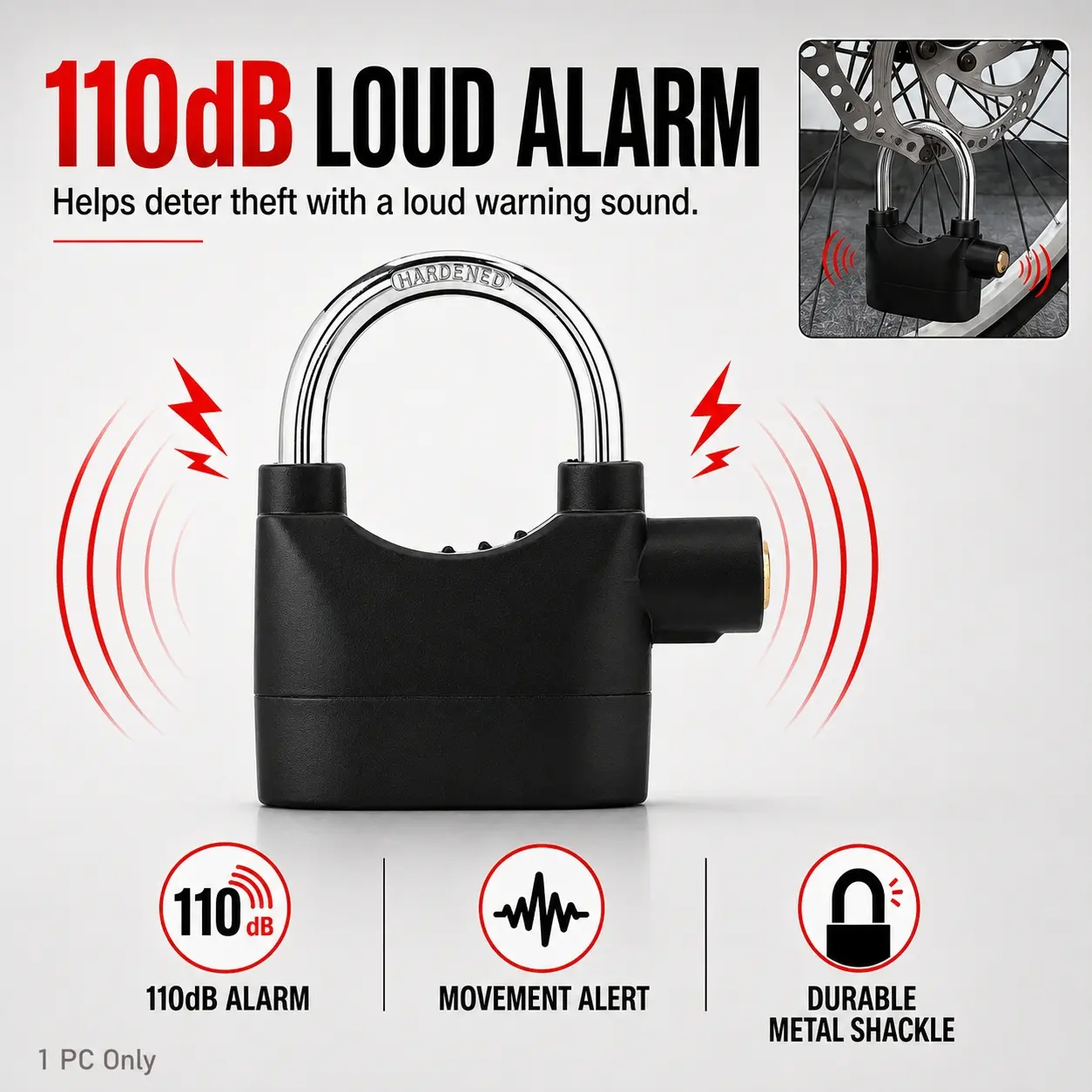 110dB Alarm Padlock, Heavy-Duty Outdoor Security Lock with 3 Keys, Anti-Theft Siren Lock for Gates, Garages, Sheds, Fences, Bikes and Storage Units