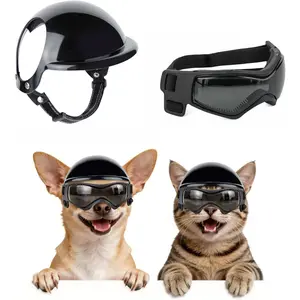 Extra Small Dog Helmet and Dog Goggles Set, XS Pet Safety Hat with Ear Holes, Anti-UV Pet Sunglasses, Head & Eyes Protection for Puppy and Adult Cats, Black