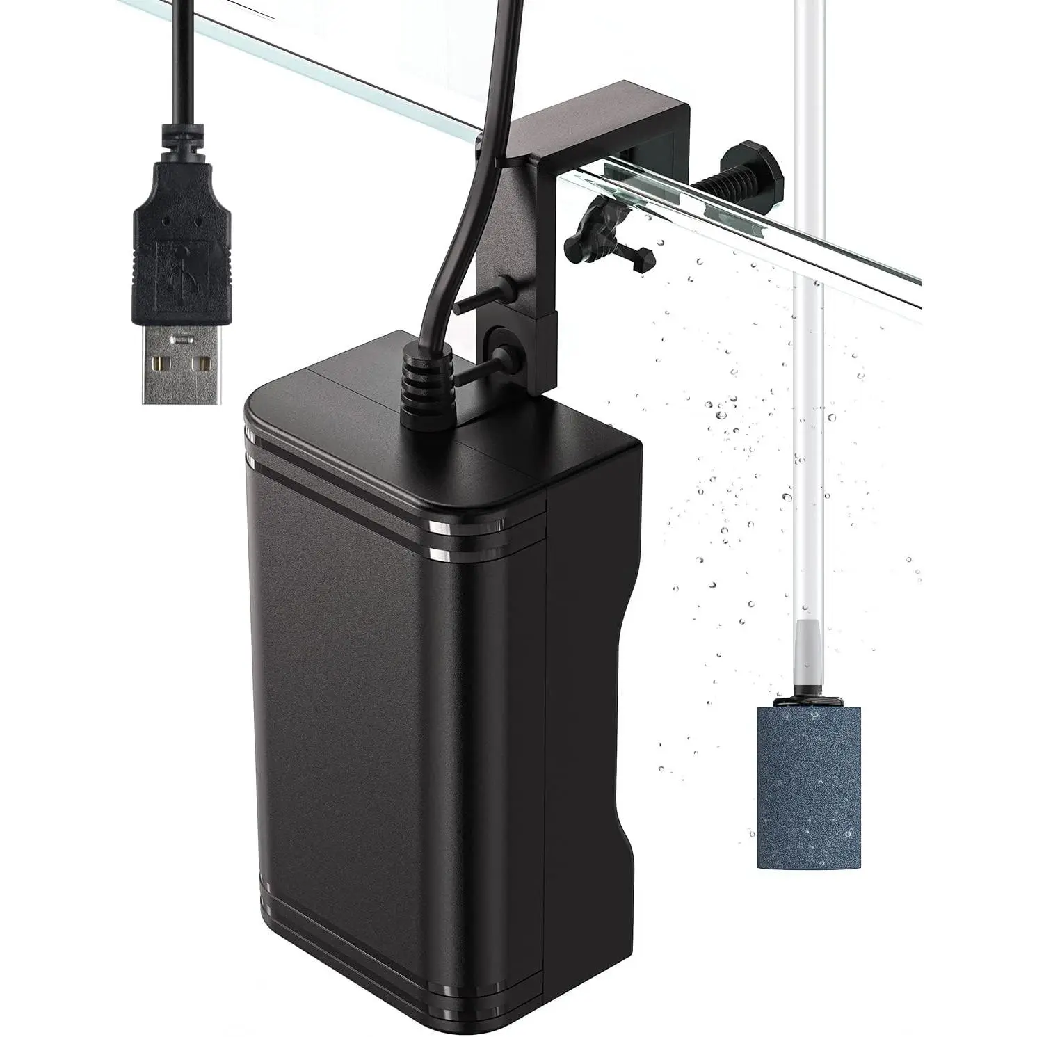 15 GPH Aquarium USB Air Pump Mini Quiet  Aerator Pump with Bracket Airline Tubing Air Stone Control Valve and Check Valve Accessories for 3-20 Gallon Nano Fish Tanks and Buckets