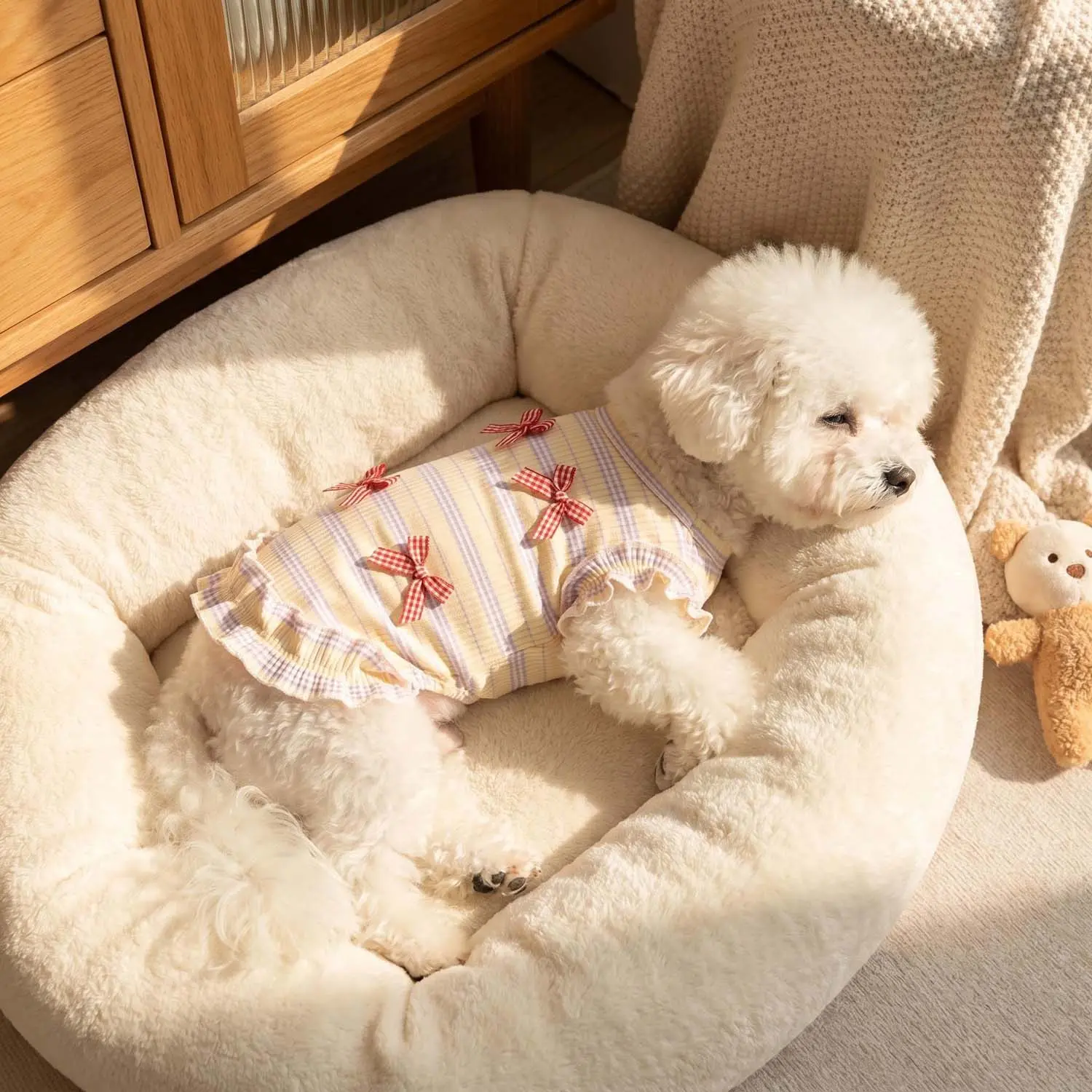 Strawberry Embroidered Striped Dog Dress - Ruffled Hem Cute Pet Clothes Puppy Clothes for Small Breeds