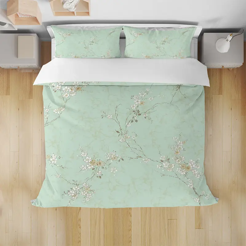 Light‑Green Floral Duvet Cover Set, Soft Microfiber Bedding, Elegant Blossom Branch Print with Pillowcases, Single‑Side Print, Comforter Not Included