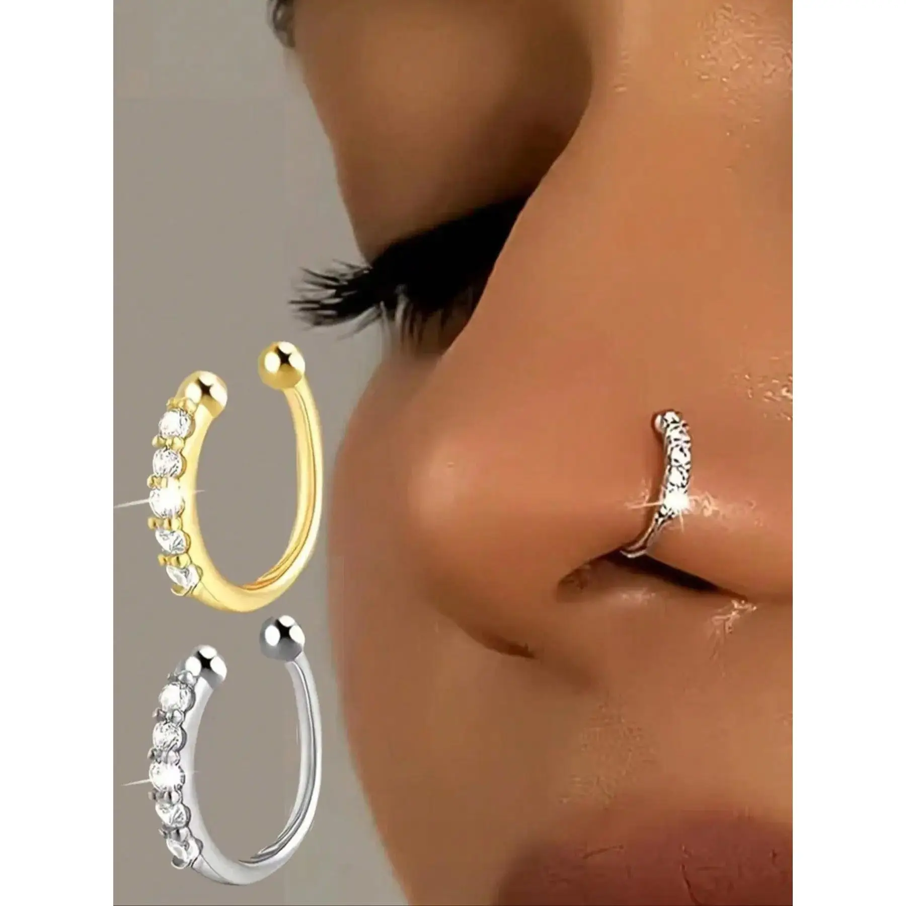 Unisex 2pcs Geometric Alloy Clip-On Cuff Body Jewelry - Simple Korean Street Style, Lightweight Fake Piercing for Ear & Nose, Suitable for Female & All Ages