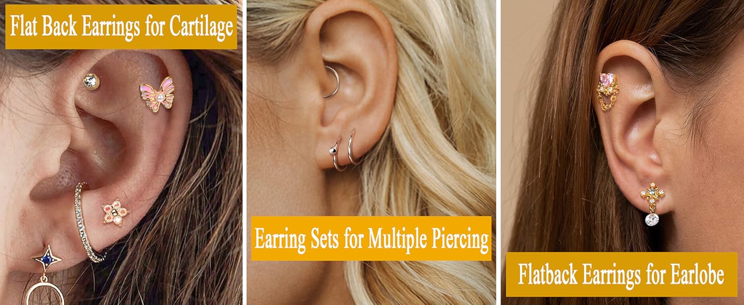 LOYALLOOK 18pcs Cartilage Earring Stud for Women Surgical Steel CZ Flat Back Earrings Couch Hoop Piercing Opal Flower Sanke Helix Tragus Piercing Earring Stud Piercing Cute Cubic Zirconia Nickel Free Personalized Elegant Minimalist Fashionable Daily Wear