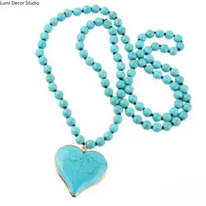 Boho Turquoise Heart Pendant Necklace for Women, Vintage Beaded Long Chain Featuring Western Inspired Style for Daily and Festival Wear