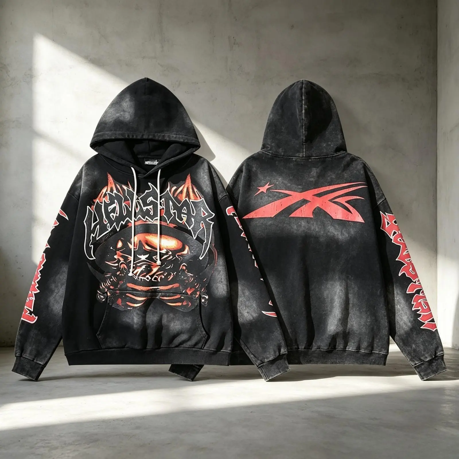 Tribal Gothic Graphic Washed Red Hoodie, 100% Cotton Y2K HELLSTAR Streetwear Pullover, Vintage Graphic Standard Fit Hooded Sweatshirt, Casual Hip Hop Top for Men Women, Fall Winter Fashion