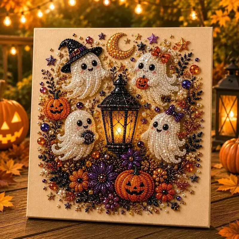 Halloween Ghost Diamond Painting DIY Kit, 8x8 Inch 3D Theme, Multi-Functional Fall Craft Set, Home Decor, Halloween Gift Packaging