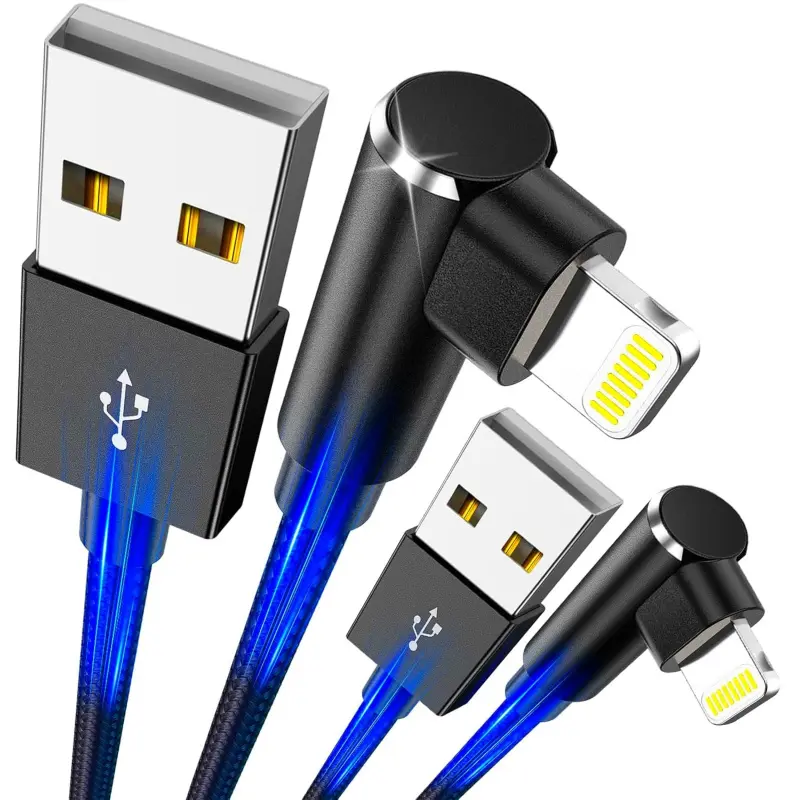 MFi-Certified Braided 90-Degree USB to Lightning Mobile Cable (6ft, 2Pack) - 2.4A Current Output, Compatible with iOS 5th-14th Generation iPhone 14/13/12/11 Pro Max, iPad, AirPods, iPod & More