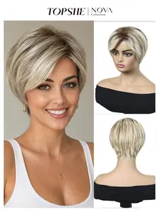 1pc Ash Blonde Pixie Cut Short Wig, Human Hair Blend Chic Style, Natural Looking Breathable Cap Glueless Wig, Easy Maintenance for Modern Daily Look, Instant Hair Volume and Style Upgrade for Women, Professional Office Ready Look