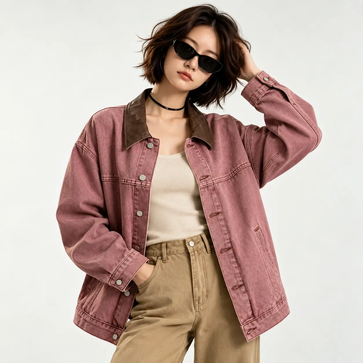 Women's Pink Washed Denim Barn Jacket, Contrast Brown Collar, Oversized Drop Shoulder, Button Front Long Sleeve, Side Pockets, Vintage Casual Fall Outerwear