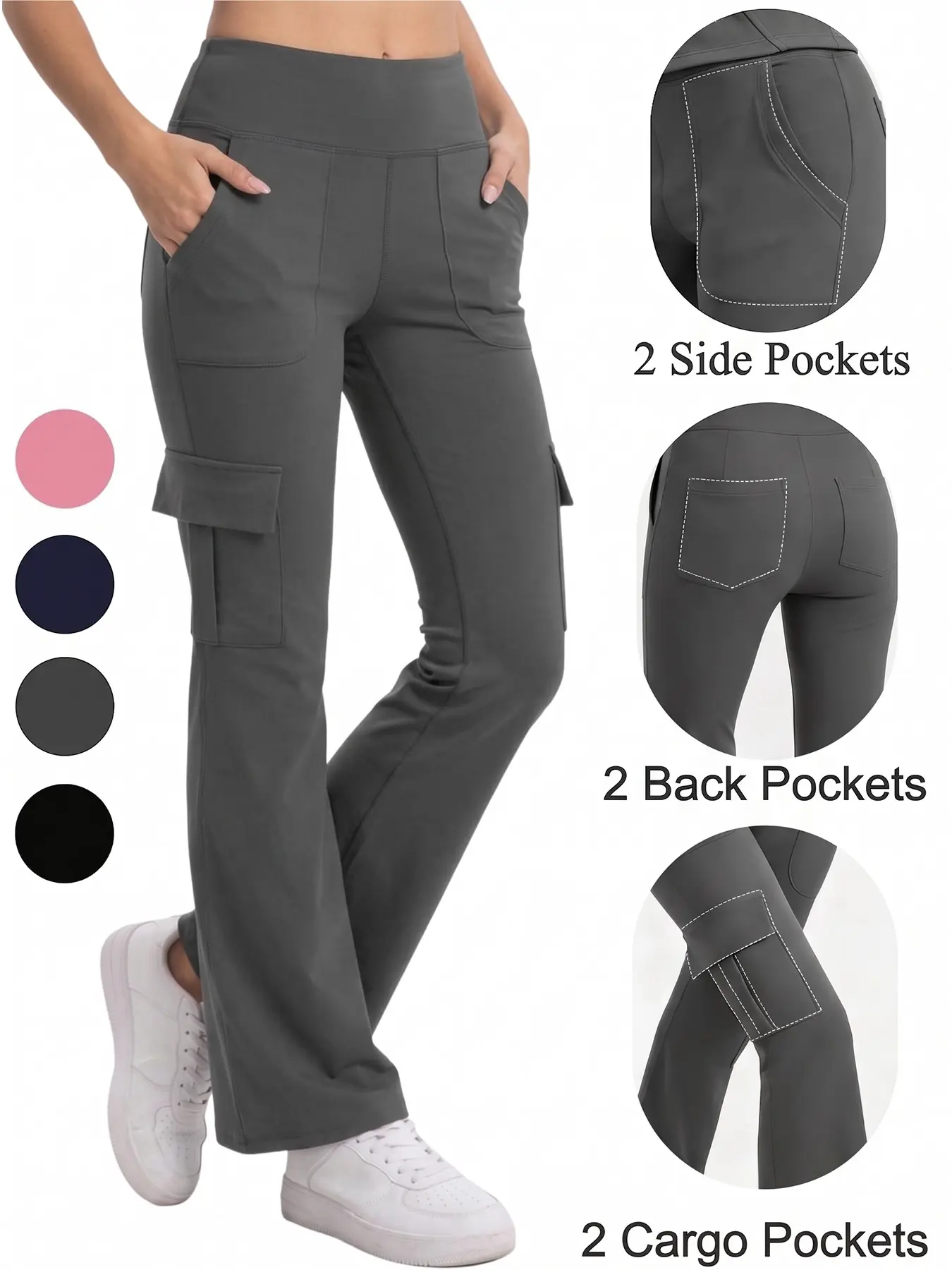 High Waist Tummy Control 6 Pockets Design(2 Side+2 Back+2 Cargo) High Stretch Booty Sculpting Quick Dry Slight Flare Cargo Pants Women Gym Hiking Daily Casual Athleisure Trousers