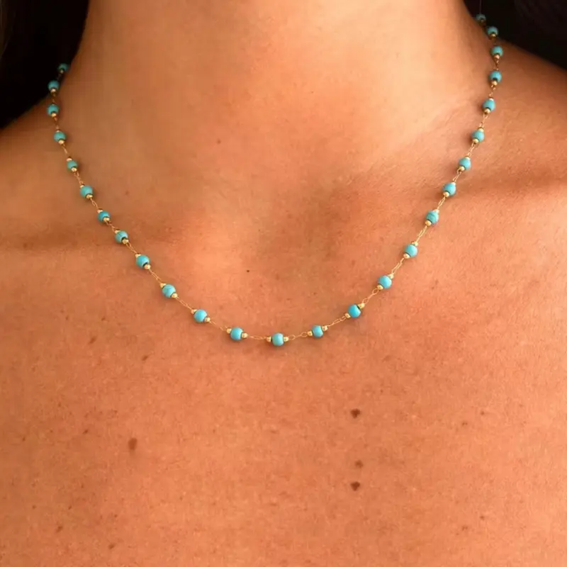 Stainless Steel Beaded Necklace, Bohemian Style Turquoise Beaded Necklace, Natural Stone Necklace for Women, Beach Vacation Wear, Daily Wear