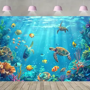 Underwater Ocean World Backdrop Party Backdrop Polyester Fabric Birthday Decoration Photo Backdrop Wall Decor Photography Background Sea Fish Event Banner Studio Prop Mermaid Party Scene