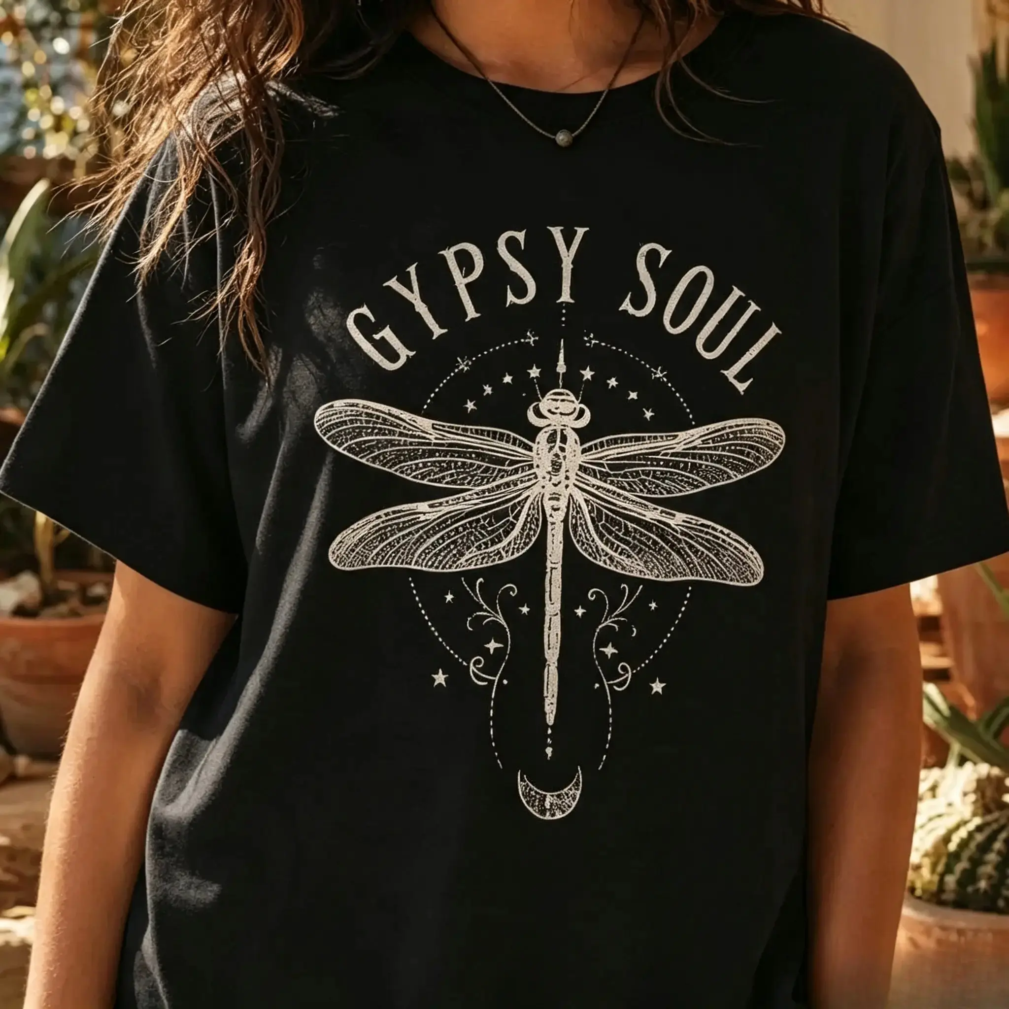 Boho Dragonfly T-Shirt for Women, Vintage Gypsy Soul Cotton Graphic Top, Plus Size Oversized Everyday Shortsleeve Apparel, Casual, Printed