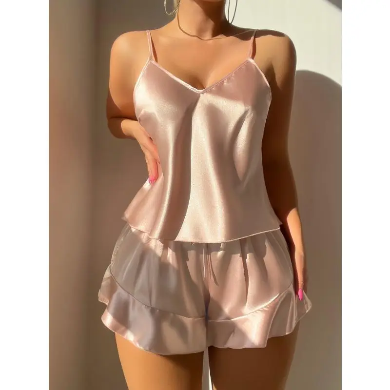 Women's 2-Pcs Pajama Sets - V-Neck, Solid Color, Ruffle Detail Loungewear, Soft All-Season Sleepwear, Pajama Sets Women
