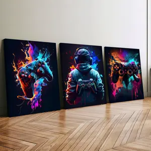 3-Piece Wood Frame Canvas Posters, Neon Cool Gaming Triptych, Modern Living Room Decor, Waterproof, No Odor, Home Office Bedroom Corridor