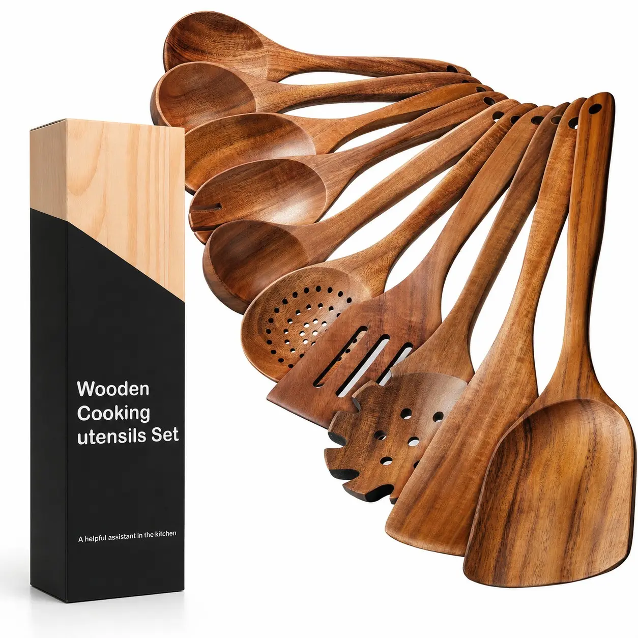 10PCS Kitchen Utensils Set, Natural Wooden Spoon, Egg Scoop, Soup Ladle, Suitable for Kitchen Use, As Weeding Gift Dinnerware Tools