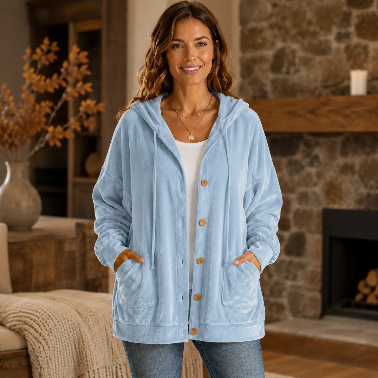 Women’s Velvet-Look Hooded Cardigan, Button-Front Long Sleeve Jacket with Pockets for Fall, Winter, Travel, Lounge and Casual Daily Wear