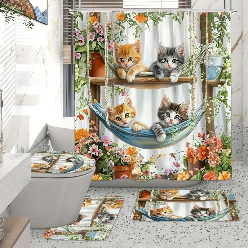 1/4PCS Waterproof Funny Animal Shower Curtain Set with Hangable Cat Hammock, Flower Stand, 12 Hooks, Non-Slip Mat, Toilet Cover, U-Mat, Adjustable Bagged Design, Plant Pot Pattern, Machine Washable Bathroom Accessory Set, Animals, Foldable
