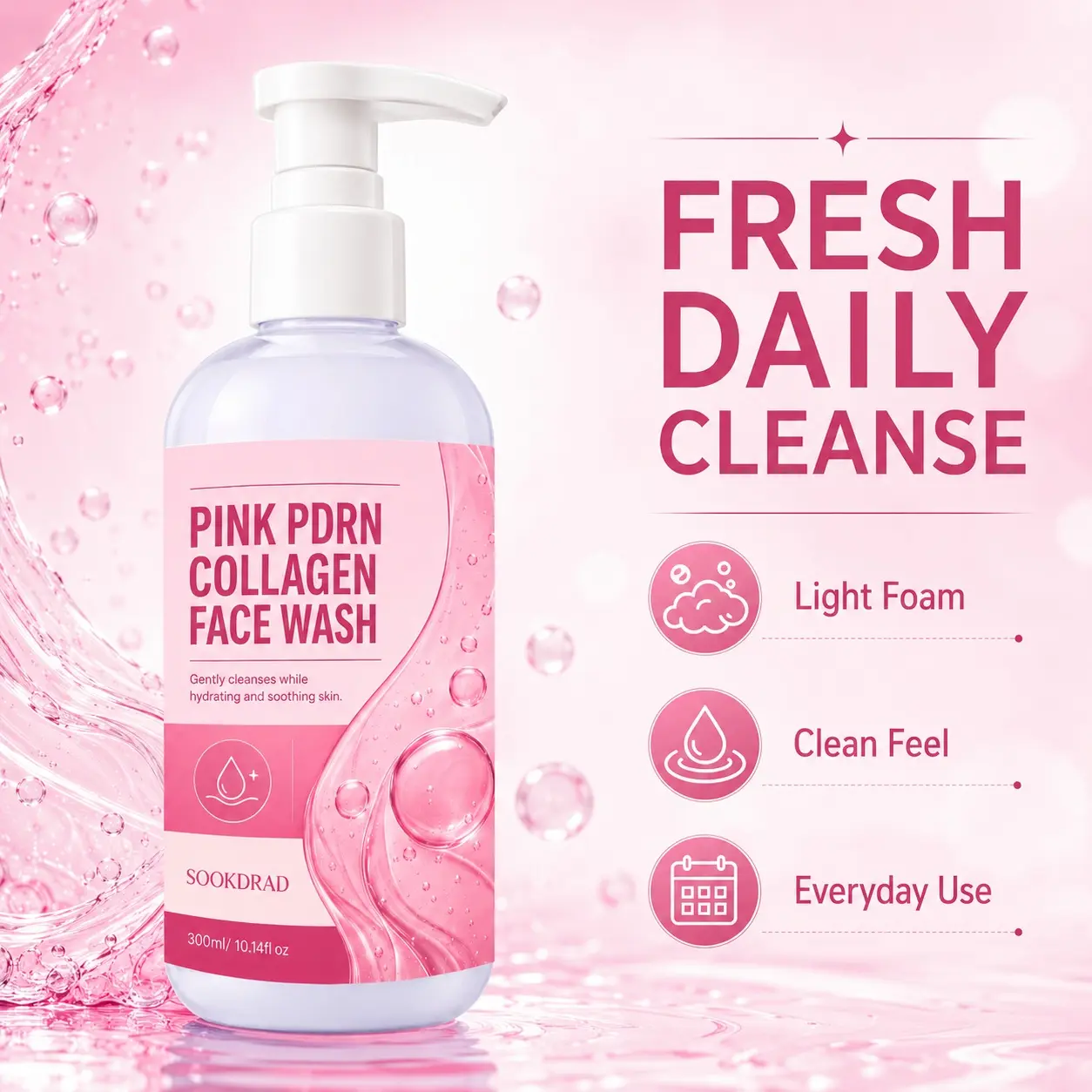 Pink PDRN Collagen Face Wash, PDRN, collagen, gentle cleansing, hydrating, soothing, face, facial care, 300ml/10.14fl oz