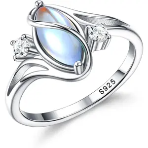 Silver Rings for Women Moonstone Ring Rainbow Cubic Zirconia Accents Ring Solitaire Gemstone Statement Rings Gold Plated Silver Rings