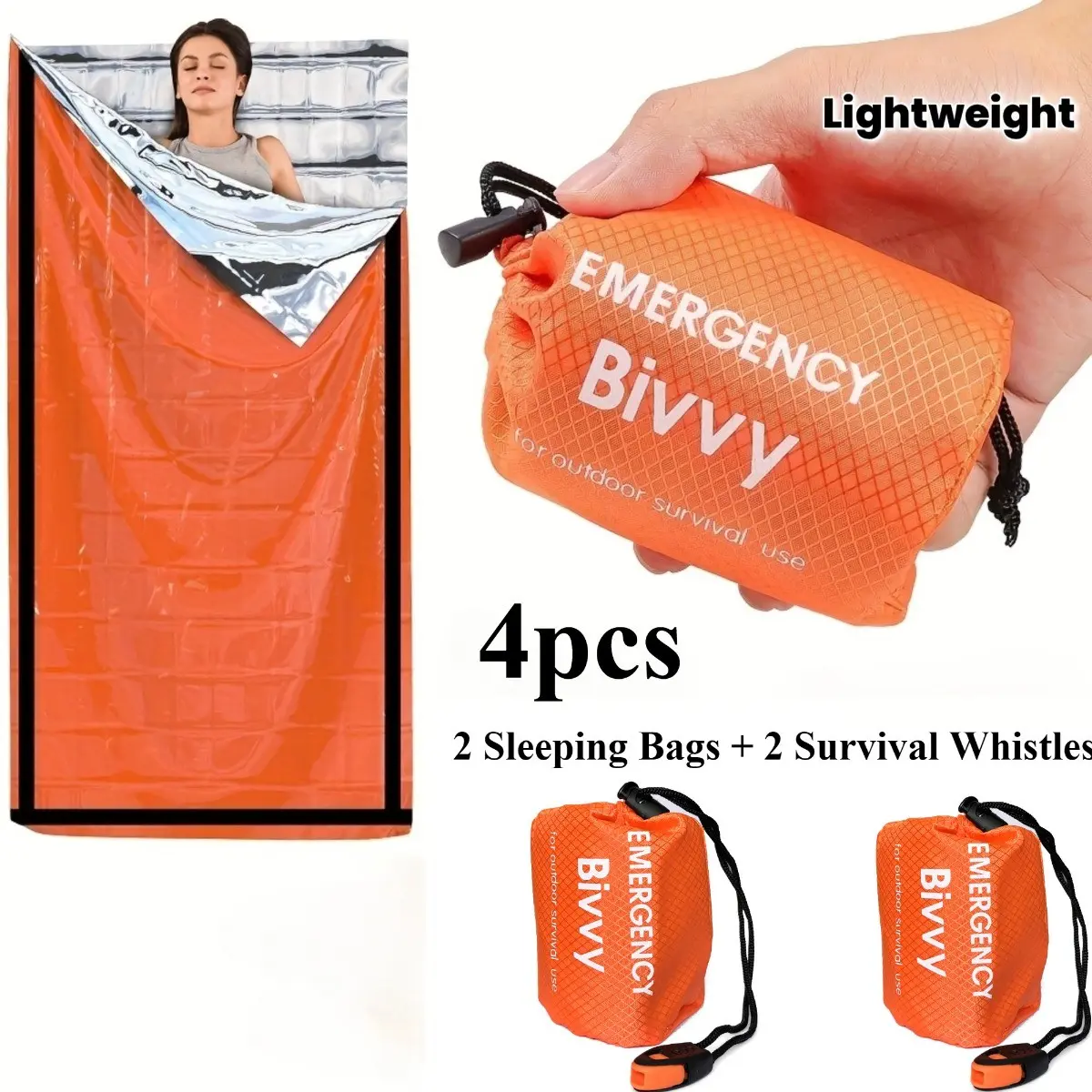 4pcs Emergency Sleeping Bag (2 Sleeping Bags + 2 Survival Whistles), Survival Shelter Bag, Mylar Thermal Emergency Blanket, Lightweight Portable Shelter for Camping Gear, Hiking, Outdoor Activities, Backpacking
