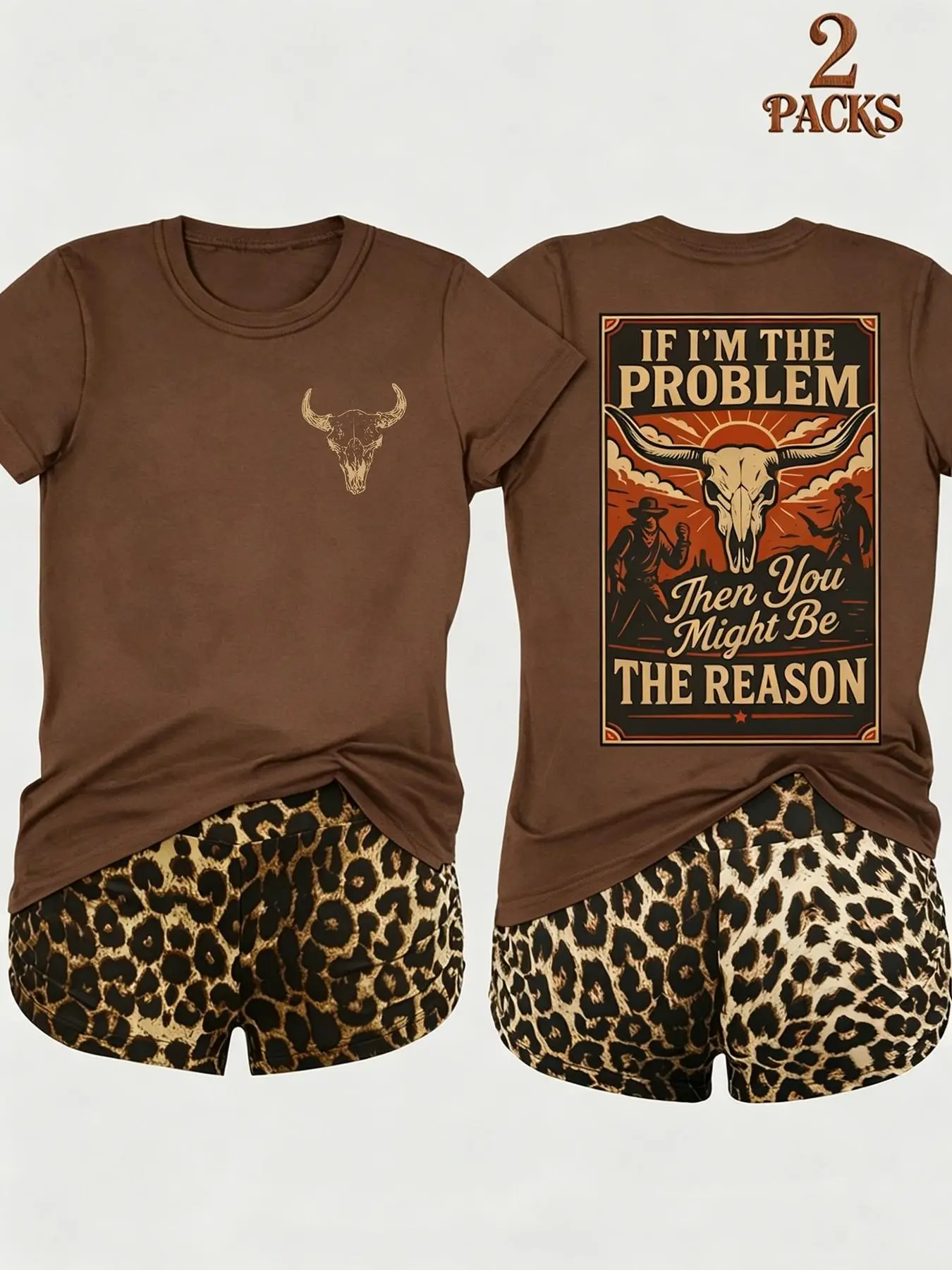 2-Pack Value Set, Two Matching Short-Sleeve Tees, High-Waisted Leopard Print Shorts, Comfortable for Lazy Days, Cozy Nights, Sleepovers