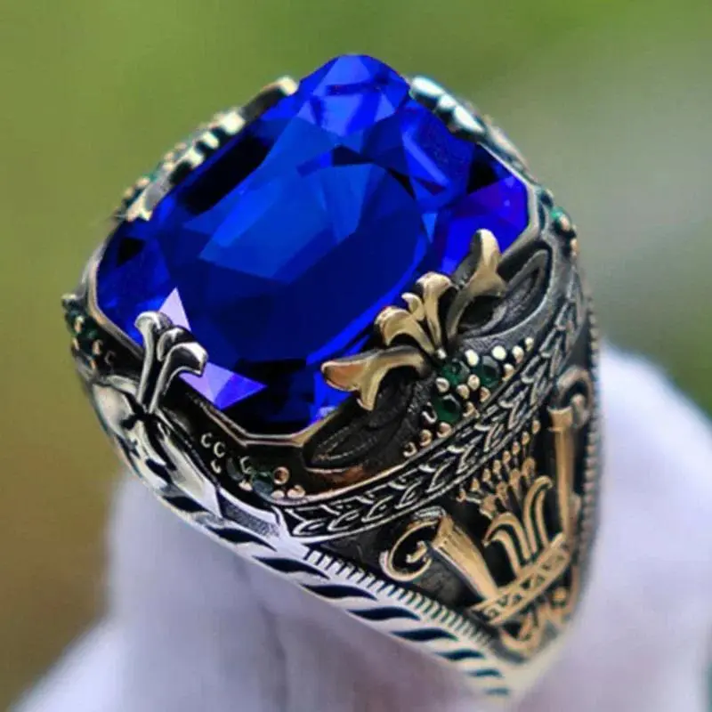 Male Inlaid Emerald & Sapphire Gemstone Luxury Ring - Vintage Natural Crystal Ring, Retro Style Jewelry for Banquet, Business Occasions, Emerald Ring, Vintage Natural Crystal Rings