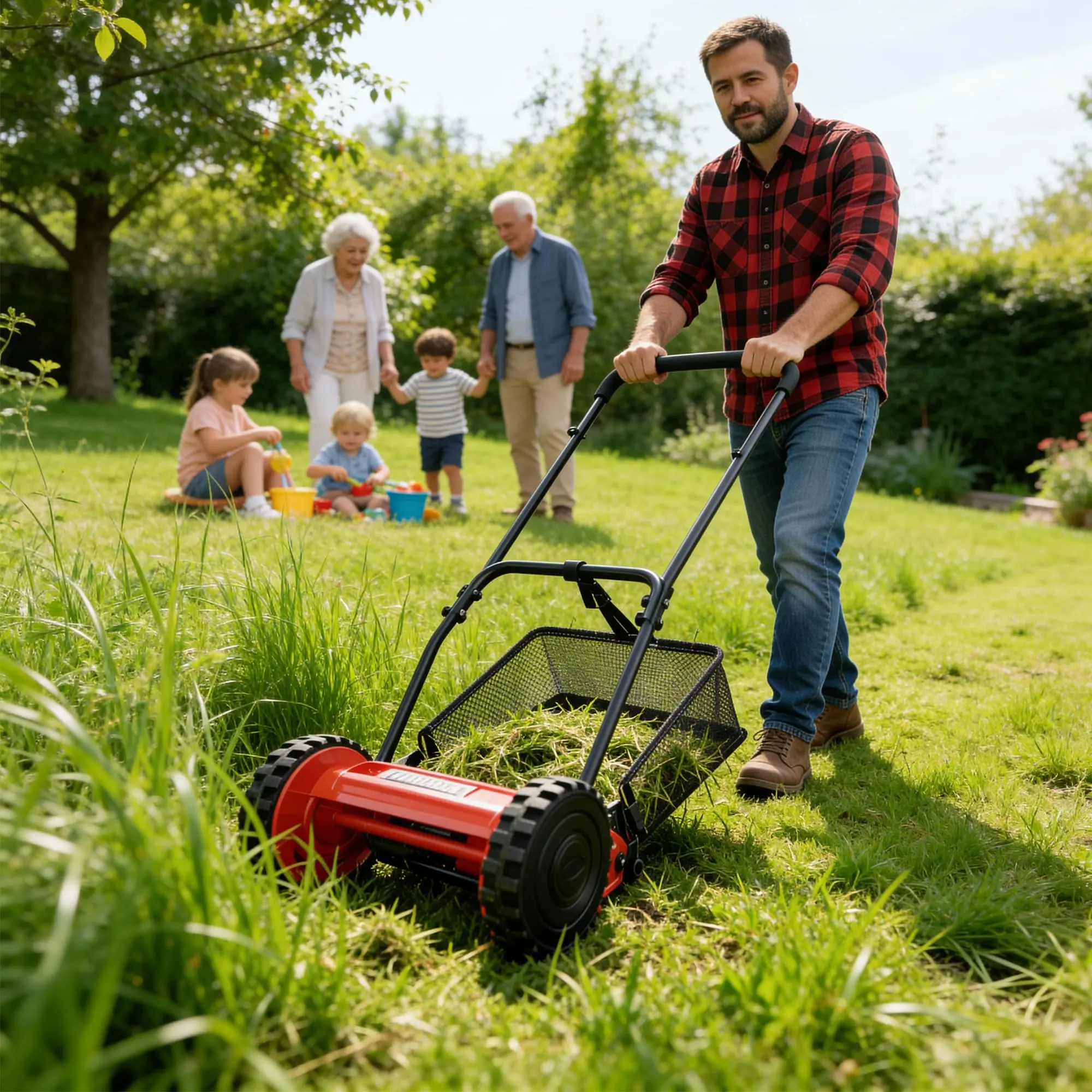 16/14-Inch Cordless Push Reel Lawn Mowerr – 5-Blade Push Mower with Adjustable Cutting Height (0.6-1.8''), Quiet Operation, Shock-Resistant Steel Blades, Walk-Behind Design, Grass Catcher Included