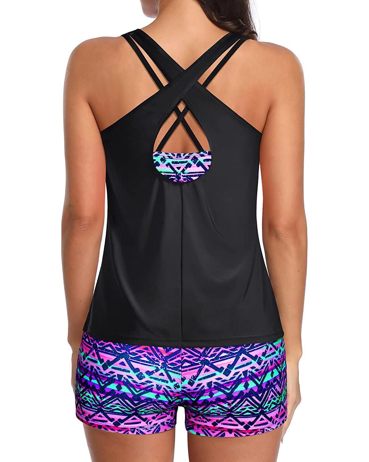 Women's Mint Green 3-Piece Tankini Swim Set - Racerback Tank Top with Floral Boyshorts & Sports Bra for Modest Beach Wear