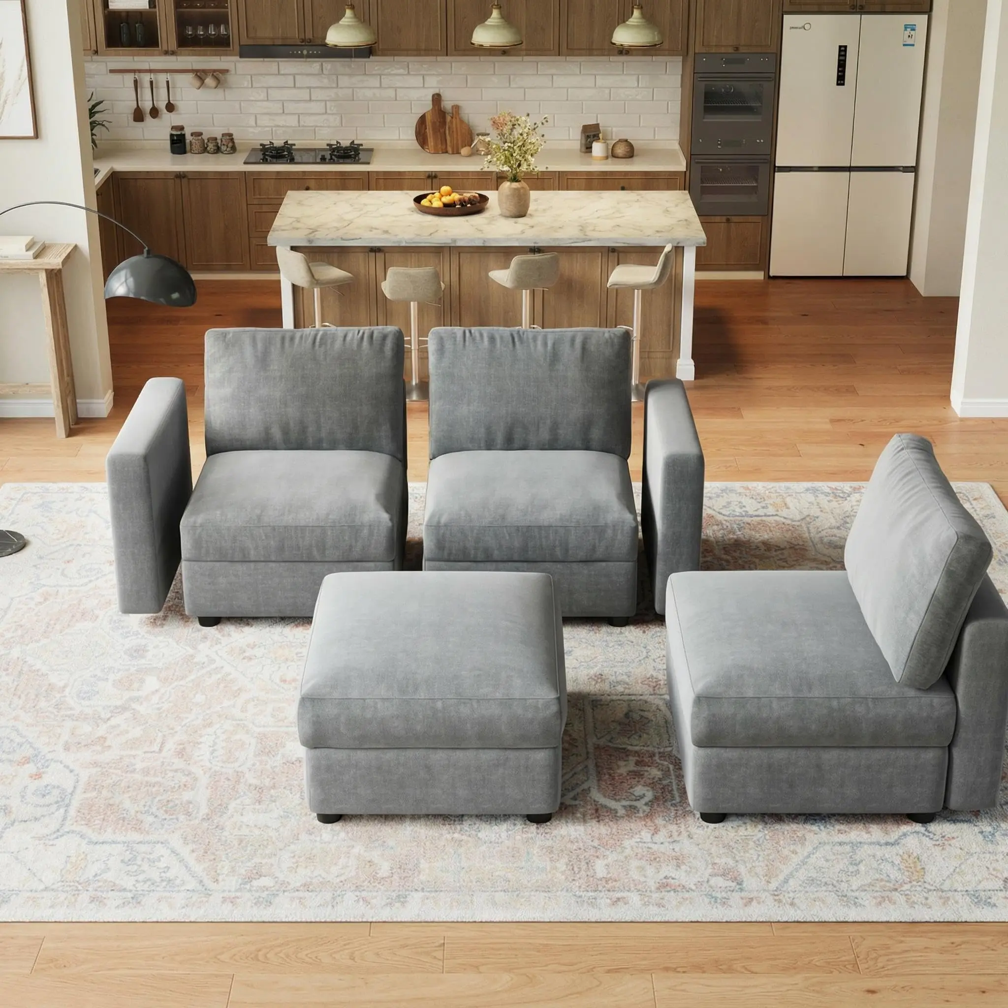 Garvee Modular sectional sofas with 4 to 9 seats, available in versatile L and U shapes, featuring movable ottomans and oversized convertible chenille upholstery in red, beige, and grey for adaptable living room and office settings.
