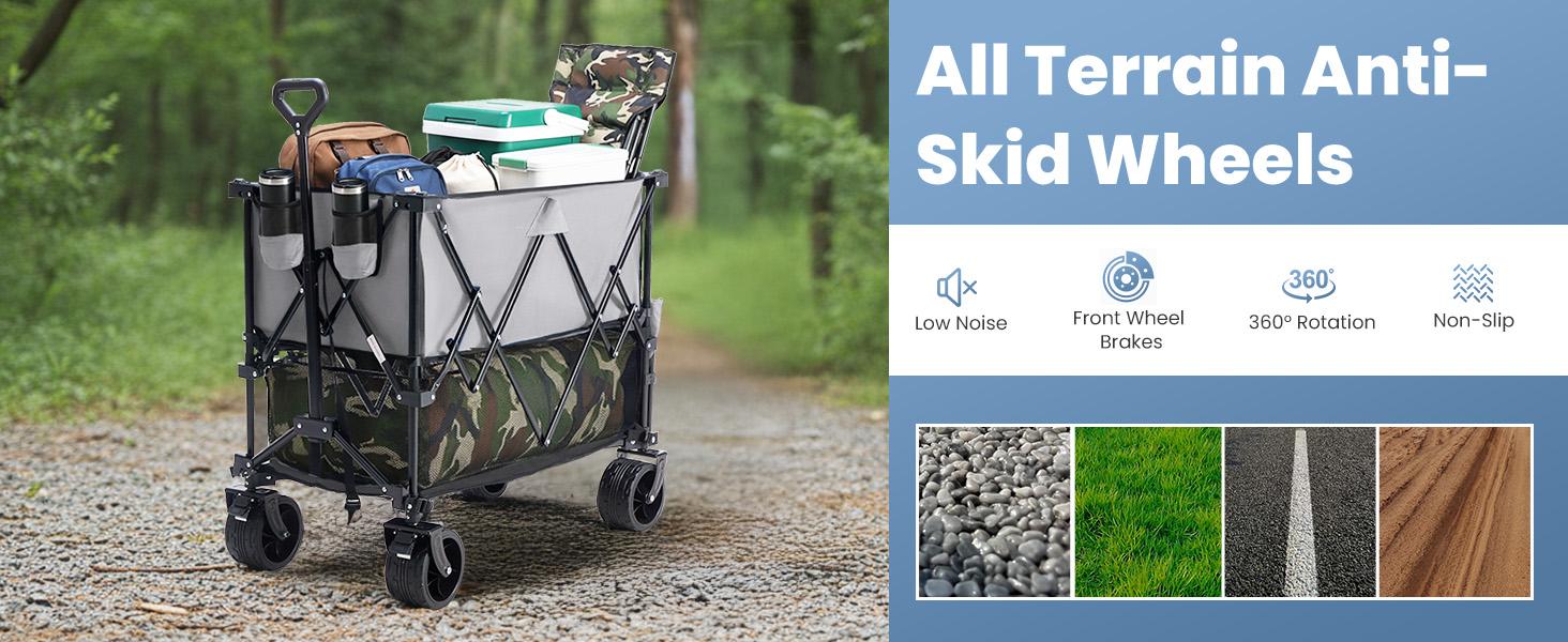 Wagon Cart Collapsible Double Decker 440 lbs Heavy Duty Wagon with All-Terrain Wheels & Adjustable Handle, Portable 400L Storage Utility Cart for Garden, Camping, Sports, Shopping (Grey)