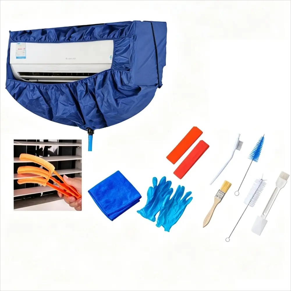 11-in-1 Blue Wall AC Cleaning Kit, Reusable Waterproof Splash Cover with Threaded Drain Hose, Vent Brush, Towel, Gloves, 2 Red Pry Bars & Multi Brushes, Water Catch Bag for DIY Split Air Conditioner Coil Washing & Maintenance
