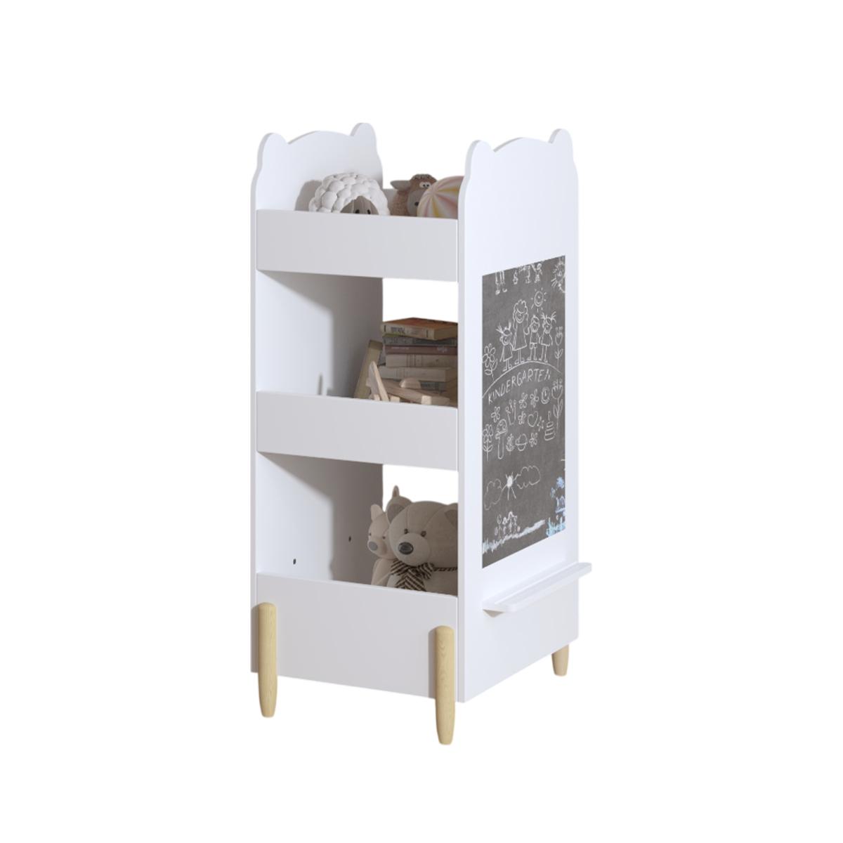 Kids Bookshelf with Chalkboard Side – Bear-Shaped Wooden Bookcase with 3-Tier Storage, Drawing Board for Toddlers, Toy and Book Organizer for Playroom or Bedroom – White