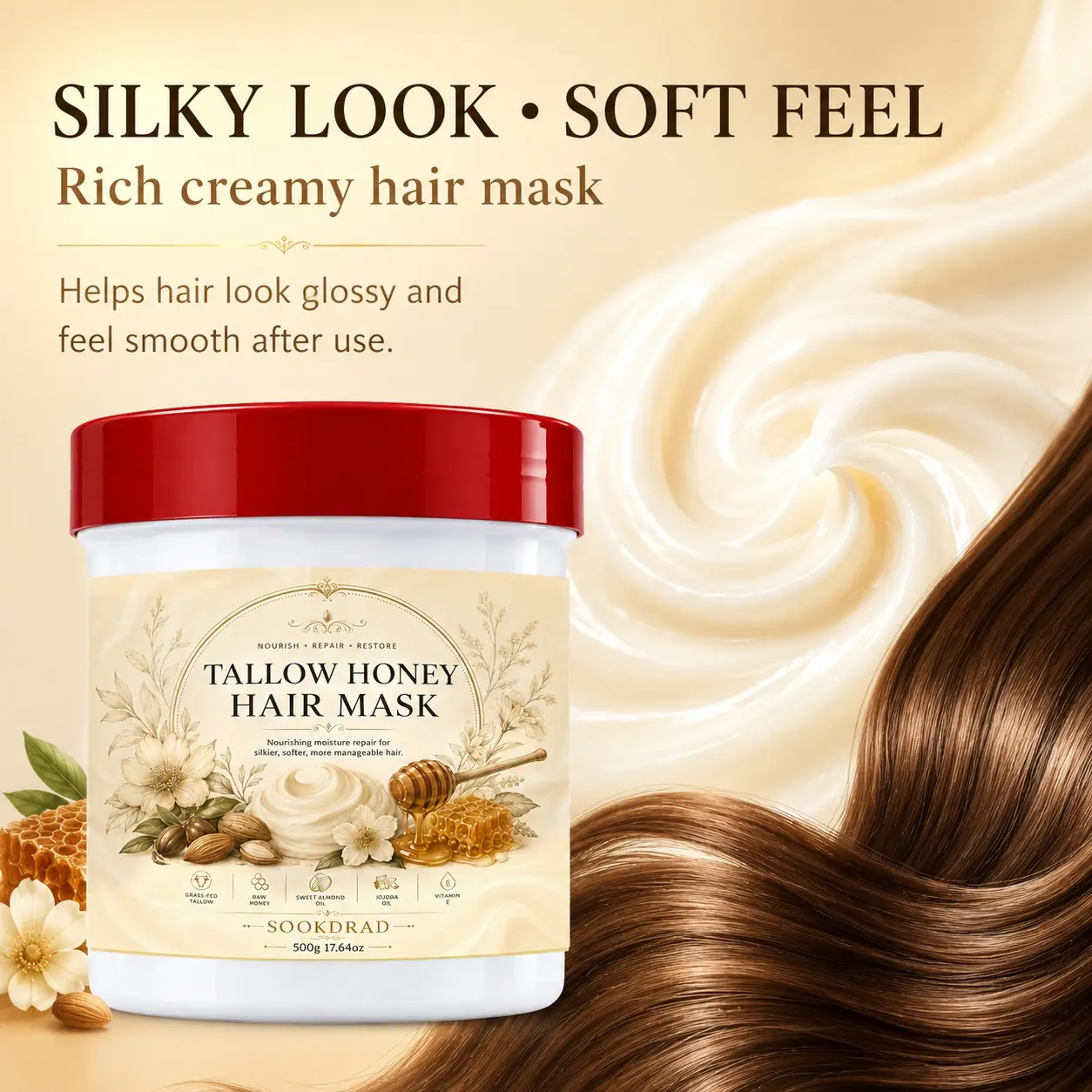 Tallow Honey Hair Mask, contains grass-fed tallow, raw honey, sweet almond oil, jojoba oil, vitamin E, nourishing moisture repair, silkier, softer, more manageable hair, 500g