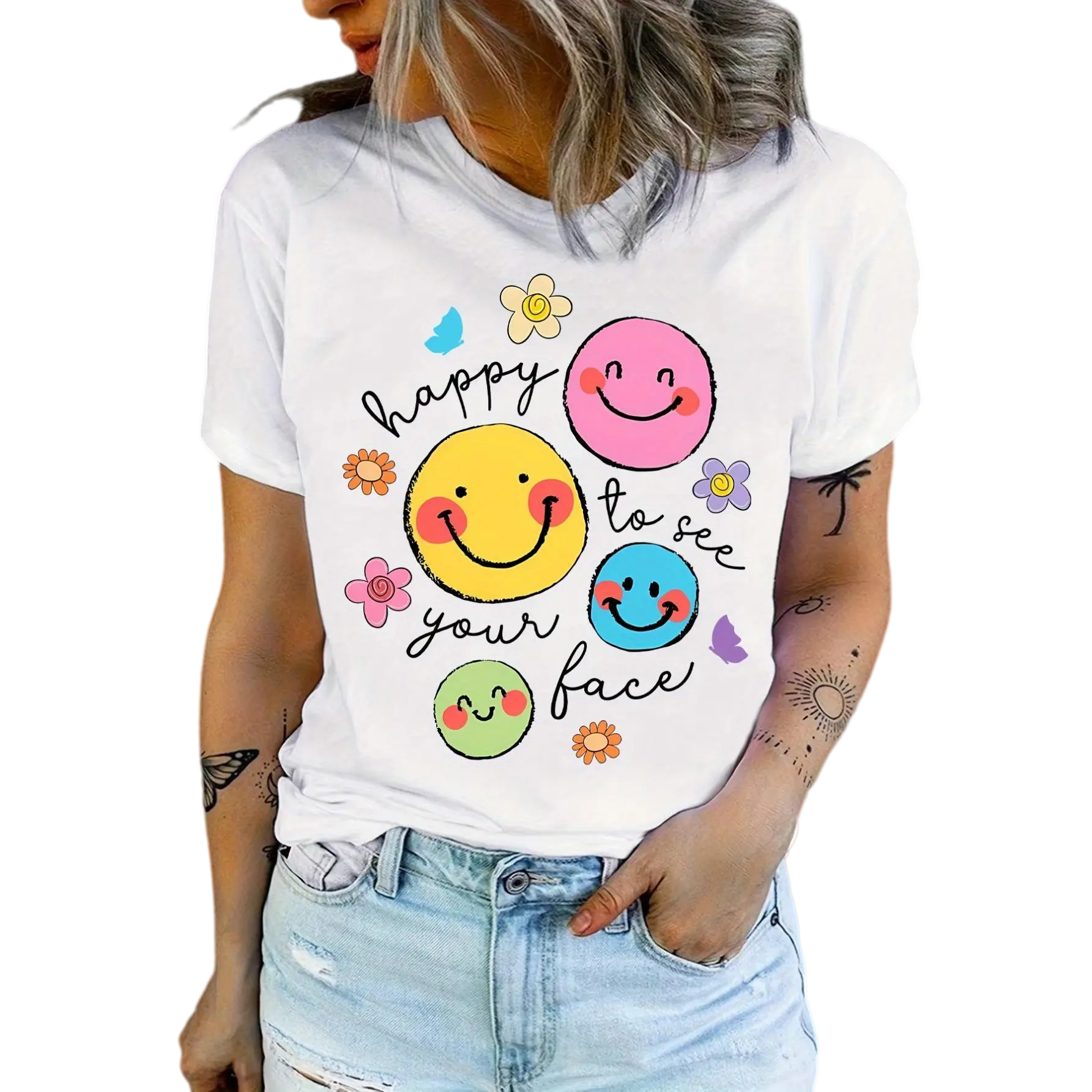Fun Cartoon Smiley Face Print T-Shirt, Back To School Teacher T-Shirt, Happy To See Your Face T-Shirt, Teacher Life T-Shirt, Teacher Appreciation Gift, Teacher'S Day Gift