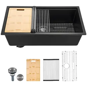 VEVOR 33 inch Kitchen Sink Workstation, Undermount Granite Sink, Drop-In Single Bowl Farmhouse Basin with Multiple Accessories, Household Dishwasher Sinks for RV, Prep Kitchen, and Bar (Black)