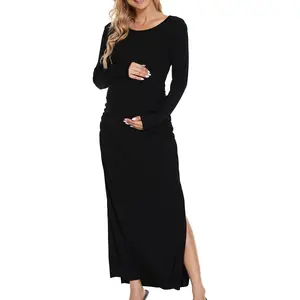 Women's Split Maternity Dress Long Sleeve Ruched Pregnancy Clothes