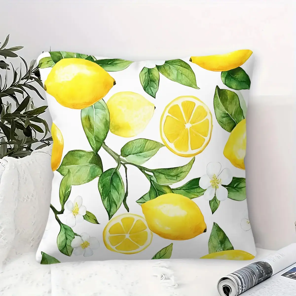 Watercolor Lemon Throw Pillow, Fresh Yellow Fruit & Green Leaf Print Cushion, Soft Farmhouse Style Accent Pillow, Includes Pillow Core, For Couch, Sofa, Bed, Living Room, Bedroom, Summer Home Decor for Teens Adults