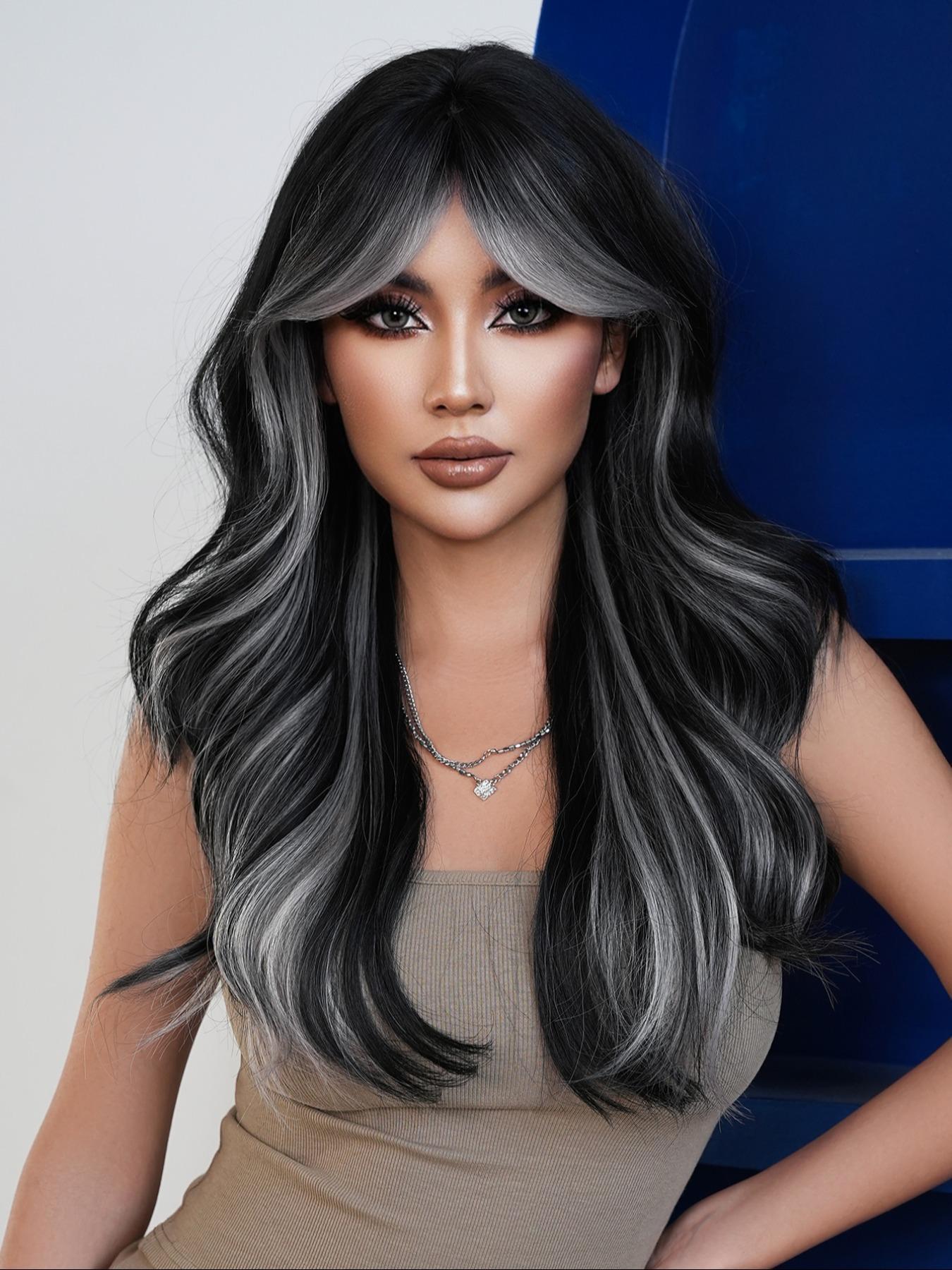 26 Inch Long Body Wavy Pre Styled Synthetic Hair Wig for Women, Natural Looking Fluffy Synthetic Fiber Wavy Texture Wig with Curtain Bangs, Full Machine Highlight Loose Wave Wig for Party, Daily Use, Highlight Brown Wig, Synthetic Wavy Hairstyle