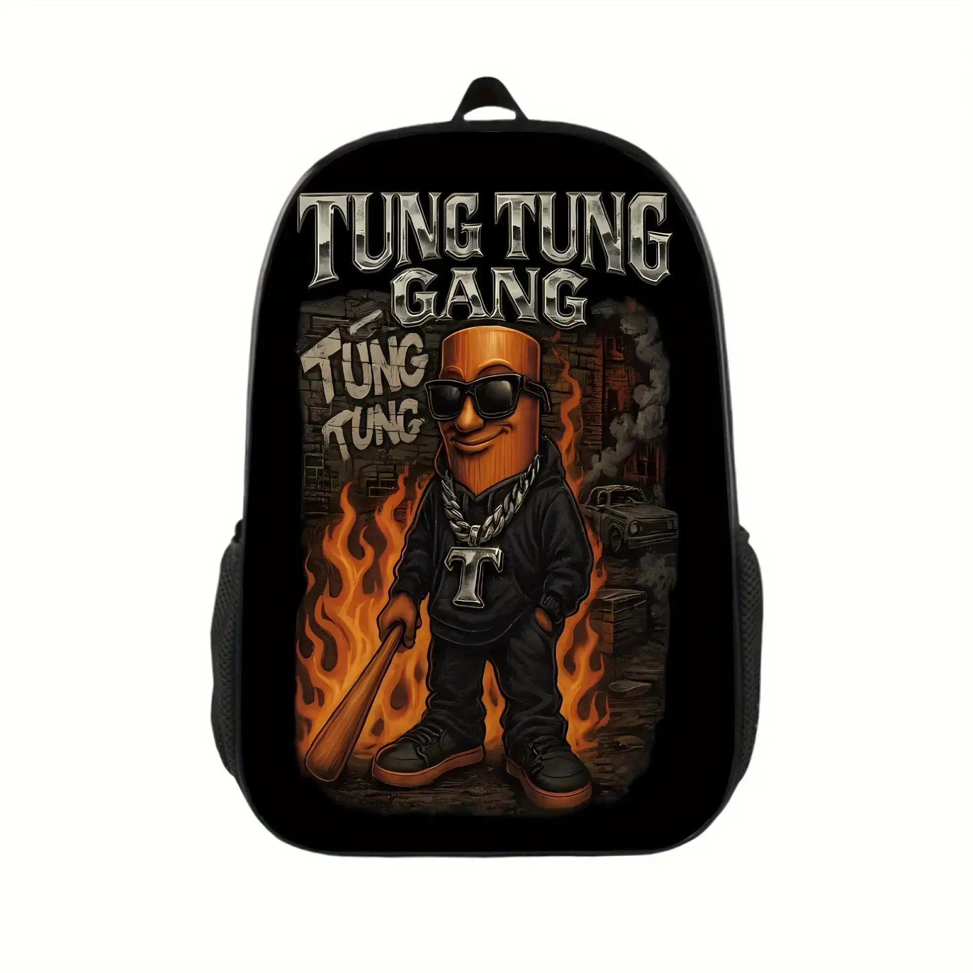 Tung-Tung Graphic Unisex Polyester Backpack - Lightweight, Durable, Waterproof, Zipper Closure, Separate Laptop Compartment, Adjustable Shoulder Straps for Commuters, School Use, Commuter