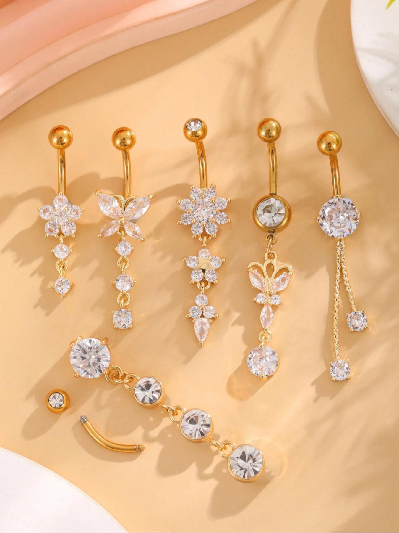 Women's Elegant Butterfly & Flower Design Belly Rings, Stainless Steel Belly Button Rings, Cute Trendy Belly Piercing Jewelry, Fashion Body Jewelry, Artificial Zircon for Party & Daily Decor